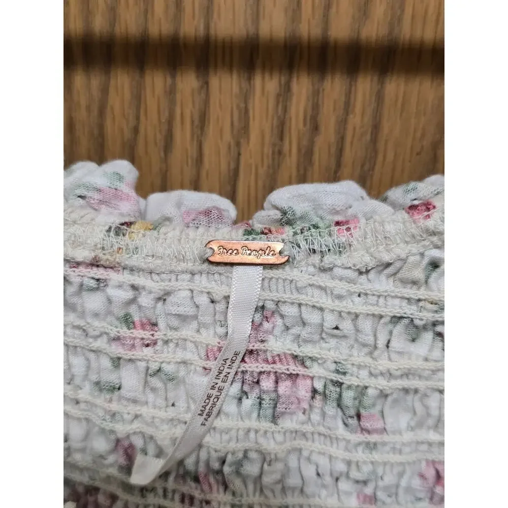 Free People Extra Small Favorite Girl Cream Floral Smocked Boho Ruffle Blouse